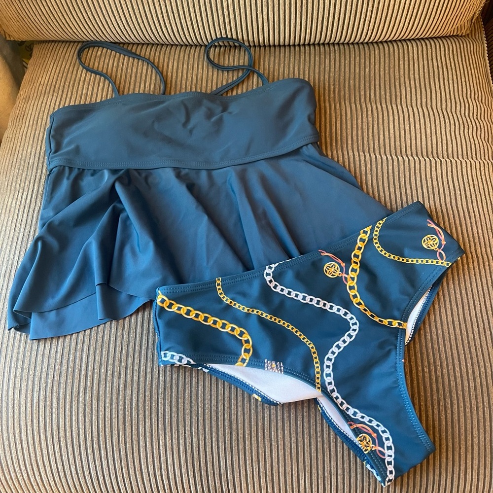 SHEIN Blue Tankini with Chain Print Bottoms Size S